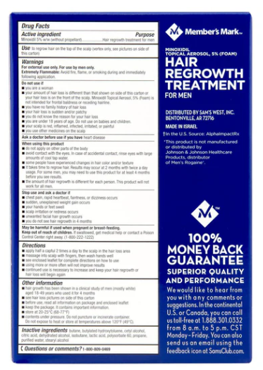 5% MINOXIDIL Topical Hair Growth FOAM- Members Mark *1-4 MONTH SUPPLY 03/26+
