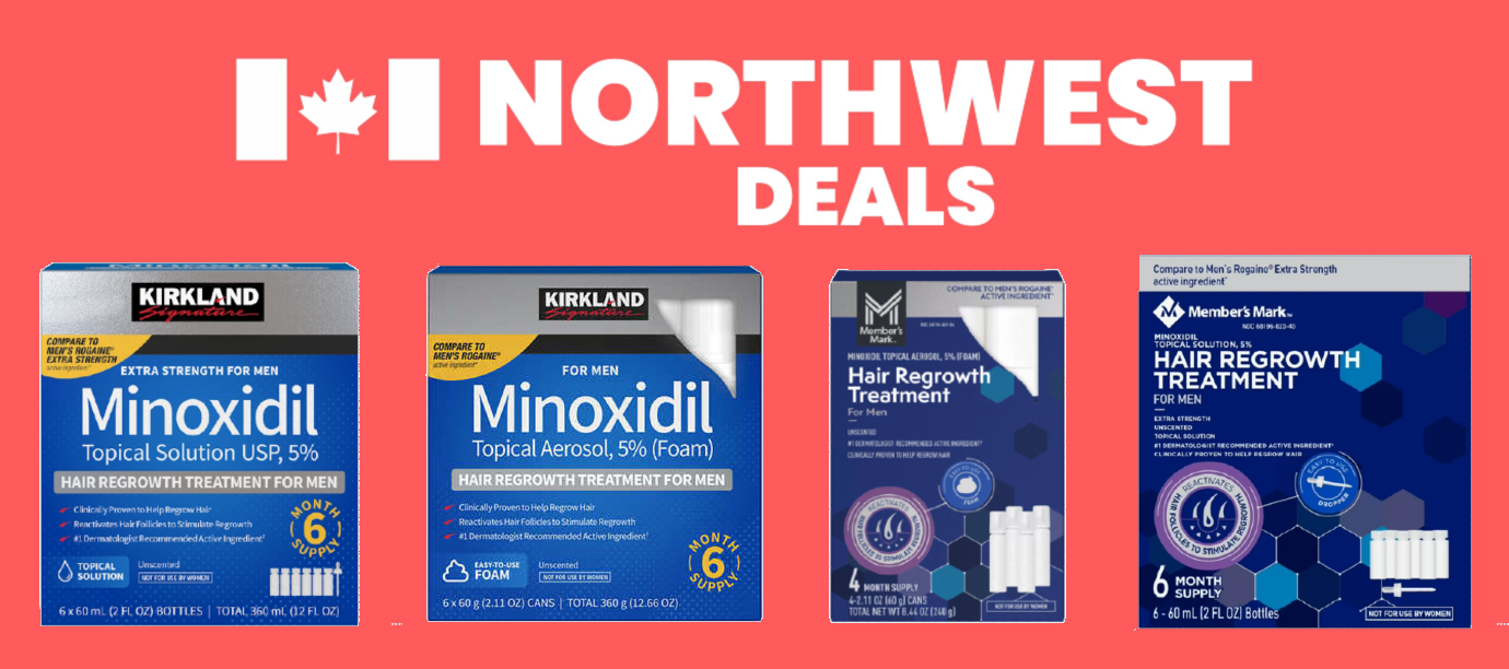 Promotional banner for Northwest Deals with Minoxidil products on a red background