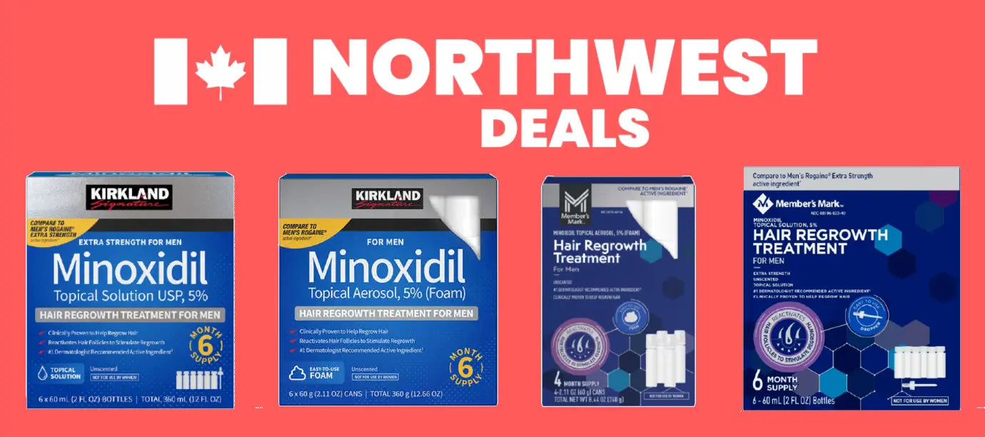 Promotional banner for Northwest Deals with Minoxidil products on a red background