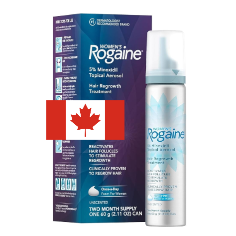 Women's Rogaine hair regrowth treatment packaging with a Canadian flag on a white background