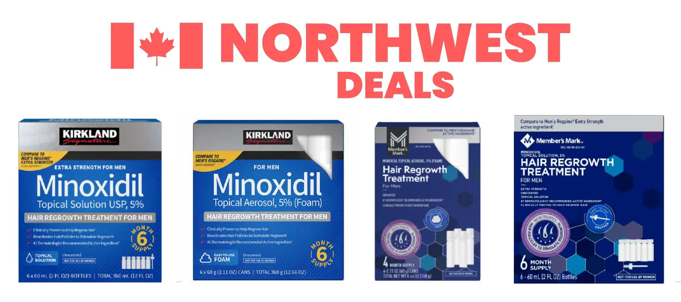 Generic 5% minoxidil foam and liquid products available in Canada including Kirkland and Member’s Mark hair regrowth treatments