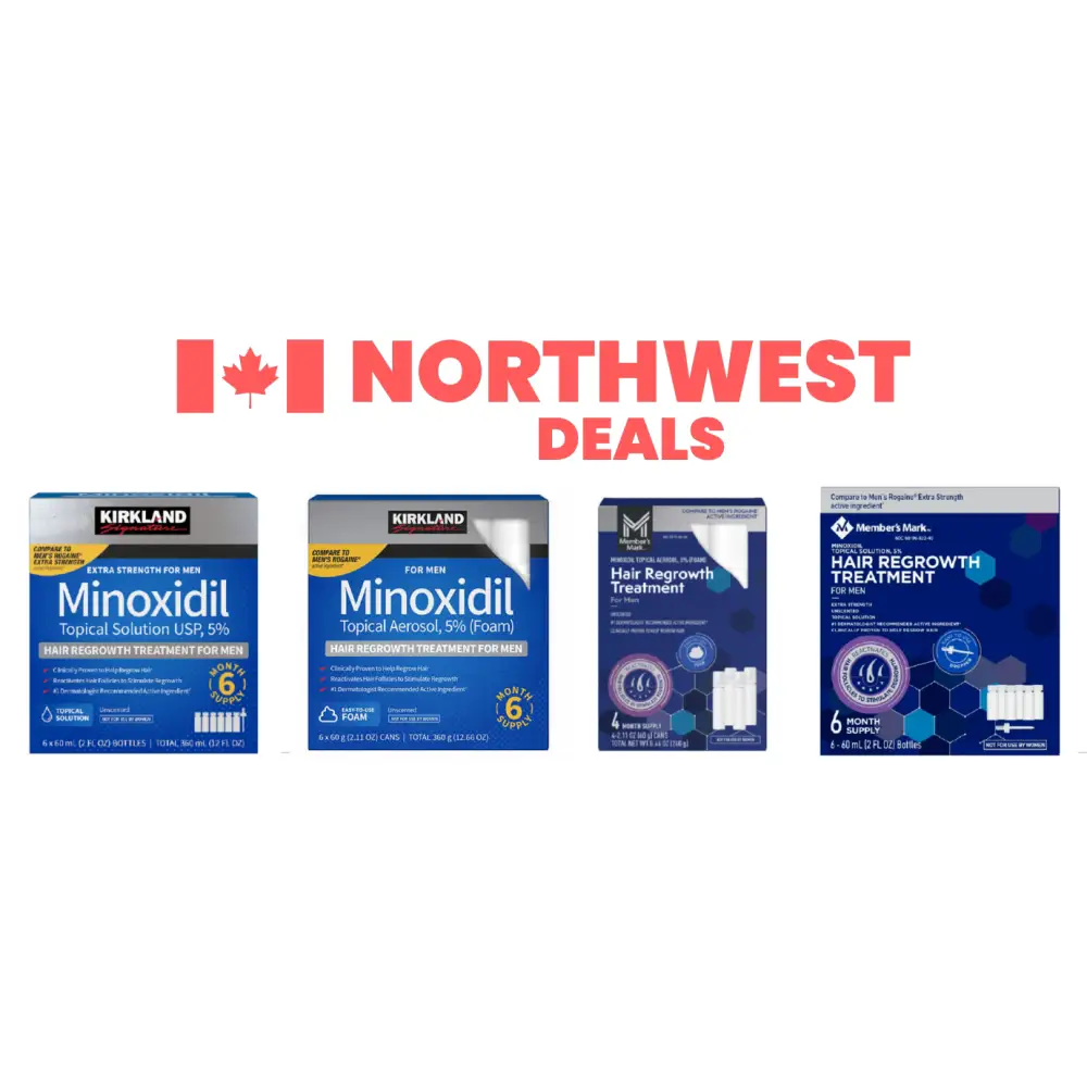 Generic 5% minoxidil foam and liquid products available in Canada including Kirkland and Member’s Mark hair regrowth treatments